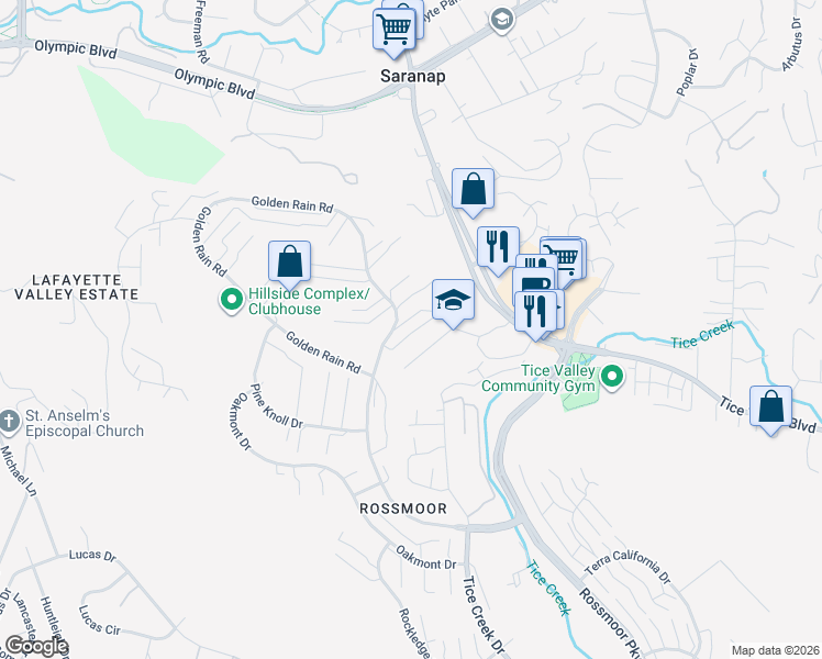 map of restaurants, bars, coffee shops, grocery stores, and more near 1816 Golden Rain Road in Walnut Creek