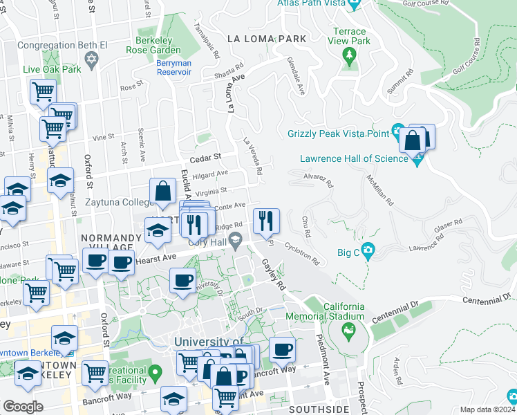 map of restaurants, bars, coffee shops, grocery stores, and more near 1800 Highland Place in Berkeley