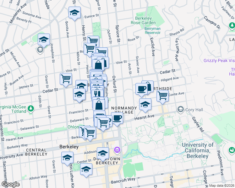 map of restaurants, bars, coffee shops, grocery stores, and more near 1717 Oxford Street in Berkeley