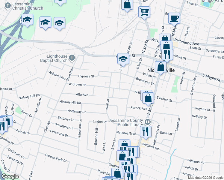 map of restaurants, bars, coffee shops, grocery stores, and more near 407 Melrose Avenue in Nicholasville