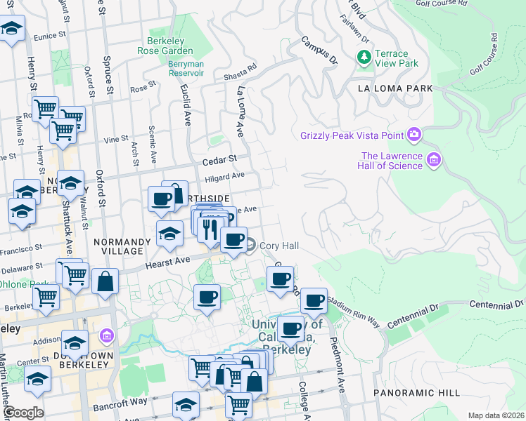 map of restaurants, bars, coffee shops, grocery stores, and more near 2621 Ridge Road in Berkeley