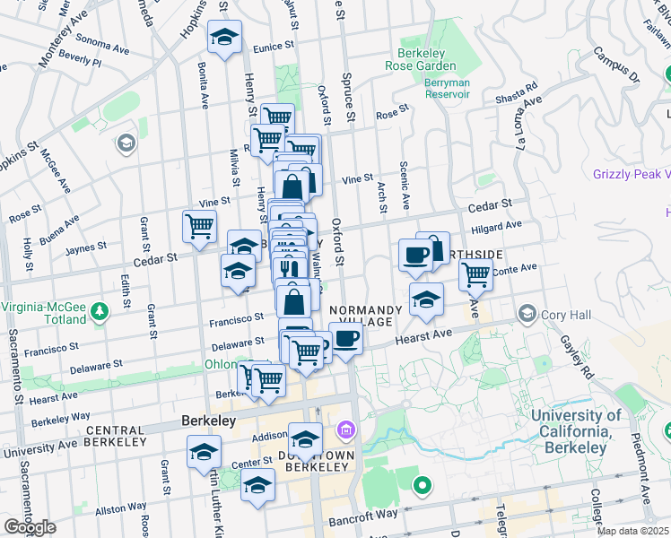 map of restaurants, bars, coffee shops, grocery stores, and more near 1682 Oxford Street in Berkeley