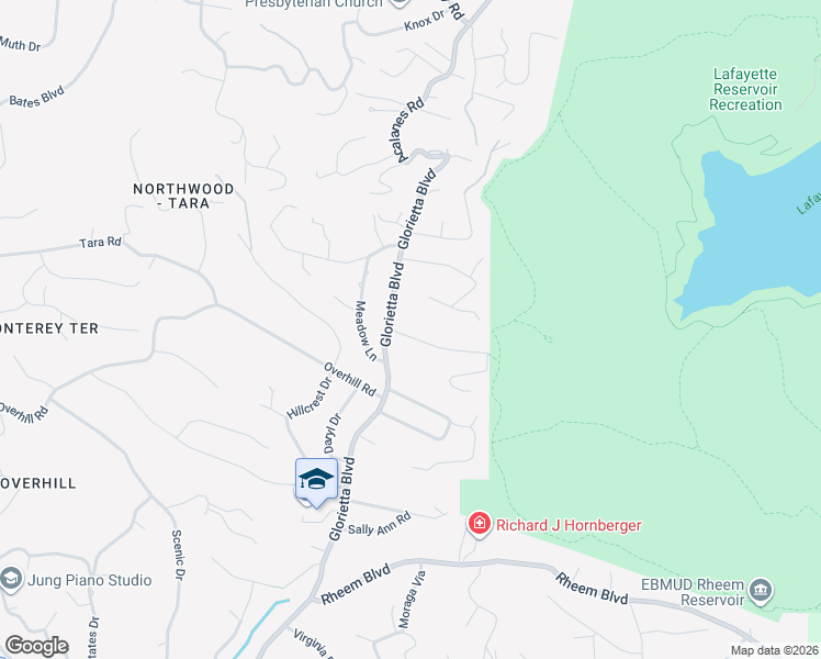 map of restaurants, bars, coffee shops, grocery stores, and more near 5 Meadow Park Court in Orinda