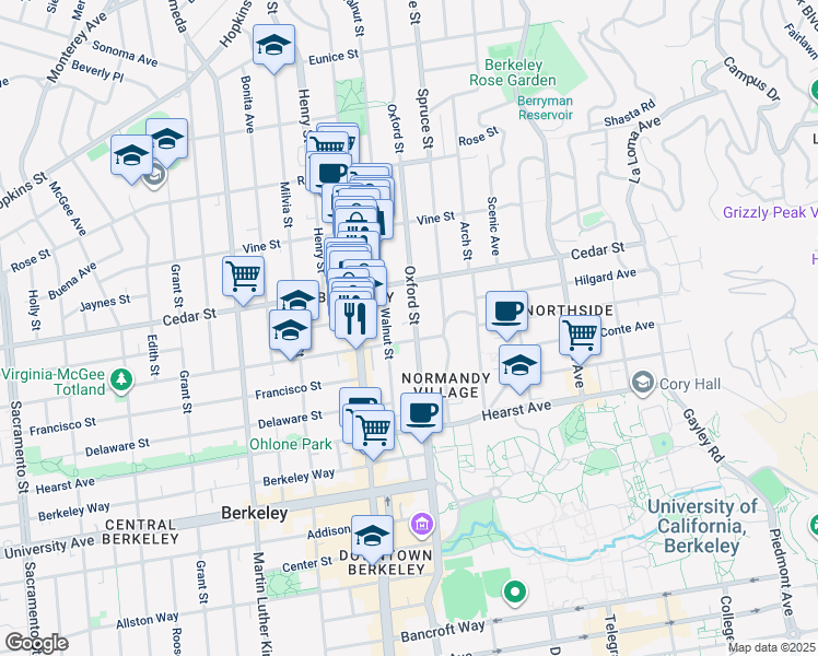 map of restaurants, bars, coffee shops, grocery stores, and more near 1639 Oxford Street in Berkeley