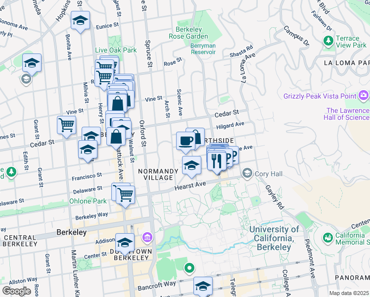 map of restaurants, bars, coffee shops, grocery stores, and more near 2366 Virginia Street in Berkeley