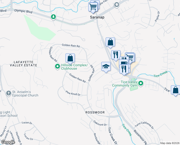 map of restaurants, bars, coffee shops, grocery stores, and more near 1809 Golden Rain Road in Walnut Creek