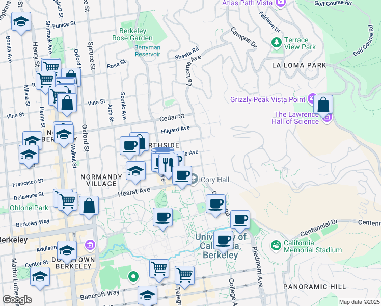 map of restaurants, bars, coffee shops, grocery stores, and more near 2666 Virginia Street in Berkeley