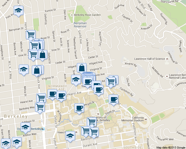 map of restaurants, bars, coffee shops, grocery stores, and more near 2597 Virginia Street in Berkeley