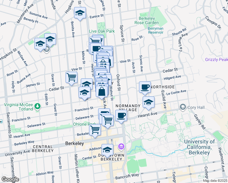 map of restaurants, bars, coffee shops, grocery stores, and more near 1611 Walnut Street in Berkeley