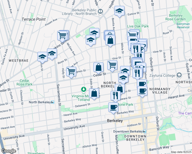 map of restaurants, bars, coffee shops, grocery stores, and more near 1535 Grant Street in Berkeley