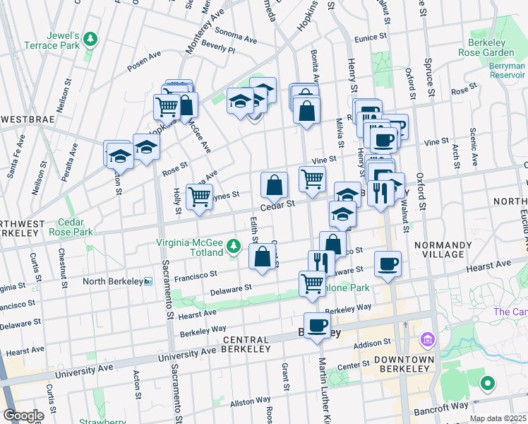 map of restaurants, bars, coffee shops, grocery stores, and more near 1535 Edith Street in Berkeley