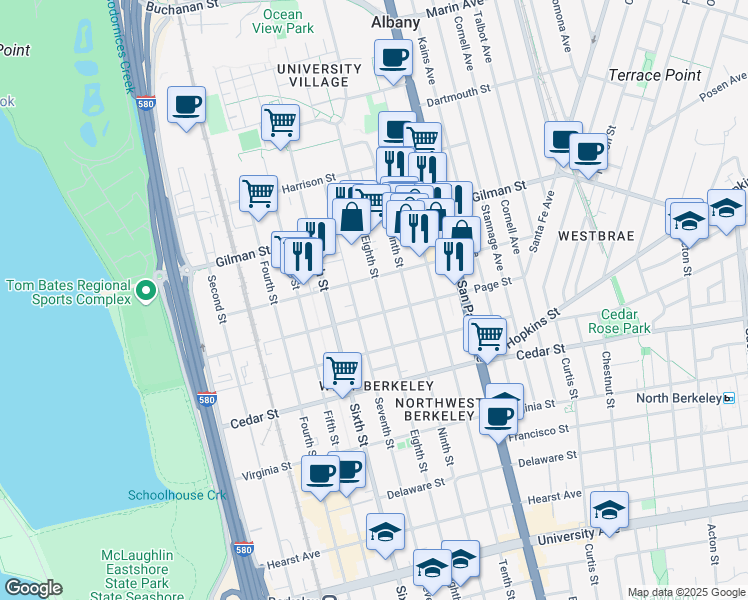 map of restaurants, bars, coffee shops, grocery stores, and more near 938 Camelia Street in Berkeley