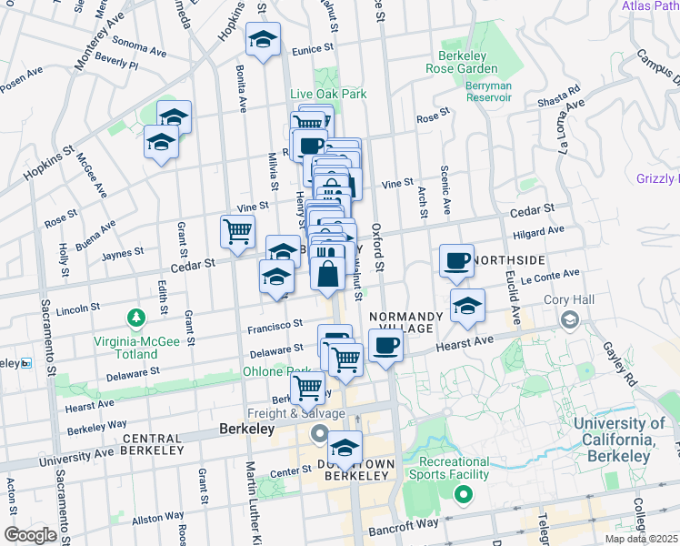 map of restaurants, bars, coffee shops, grocery stores, and more near 1611 Walnut Street in Berkeley