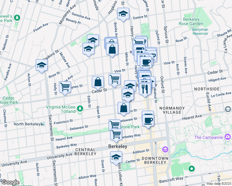 map of restaurants, bars, coffee shops, grocery stores, and more near in Berkeley
