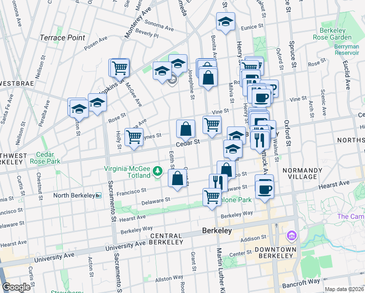 map of restaurants, bars, coffee shops, grocery stores, and more near 1744 Cedar Street in Berkeley