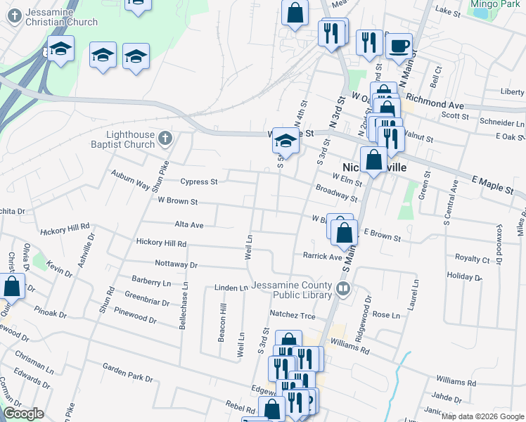map of restaurants, bars, coffee shops, grocery stores, and more near 407 Melrose Avenue in Nicholasville
