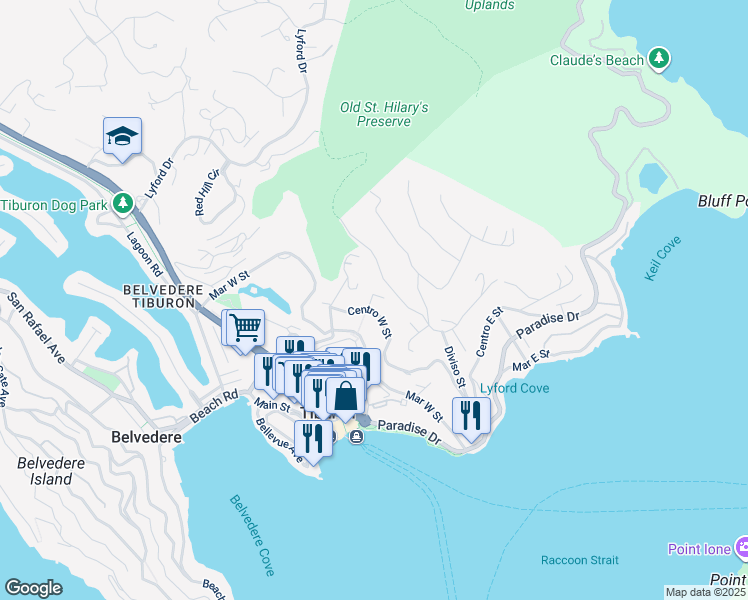 map of restaurants, bars, coffee shops, grocery stores, and more near 8 Raccoon Lane in Tiburon