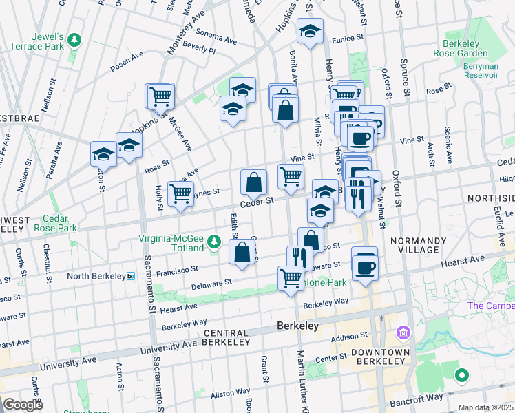 map of restaurants, bars, coffee shops, grocery stores, and more near 1535 Grant Street in Berkeley