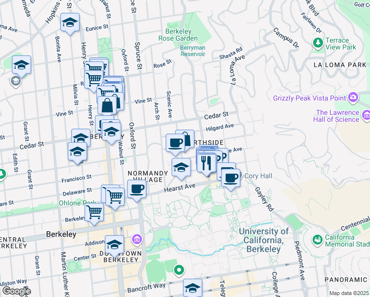 map of restaurants, bars, coffee shops, grocery stores, and more near 2408 Virginia Street in Berkeley
