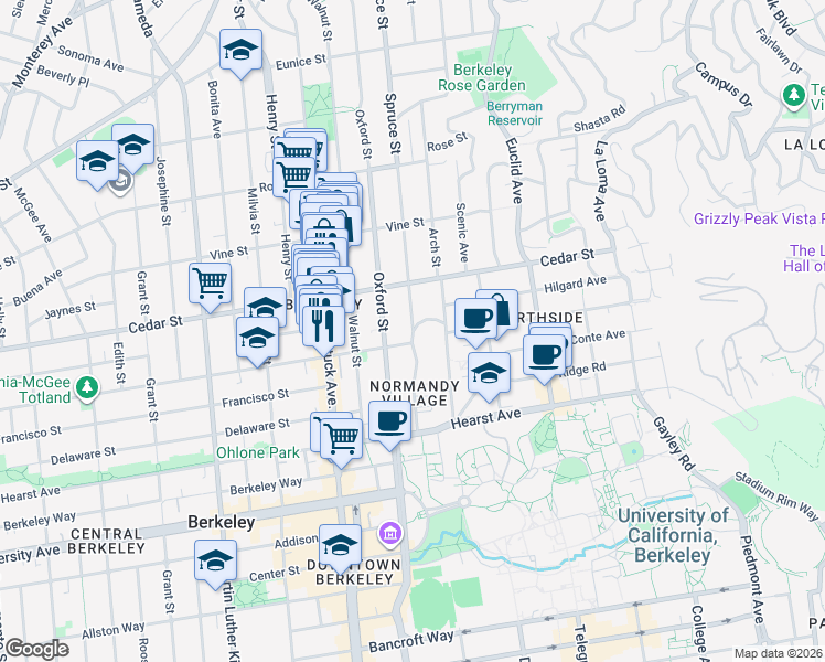 map of restaurants, bars, coffee shops, grocery stores, and more near Virginia Street in Berkeley