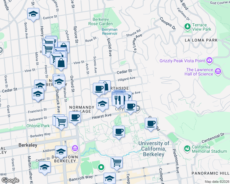 map of restaurants, bars, coffee shops, grocery stores, and more near 2505 Virginia Street in Berkeley