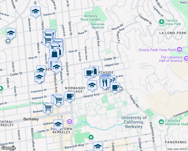 map of restaurants, bars, coffee shops, grocery stores, and more near 2435 Virginia Street in Berkeley