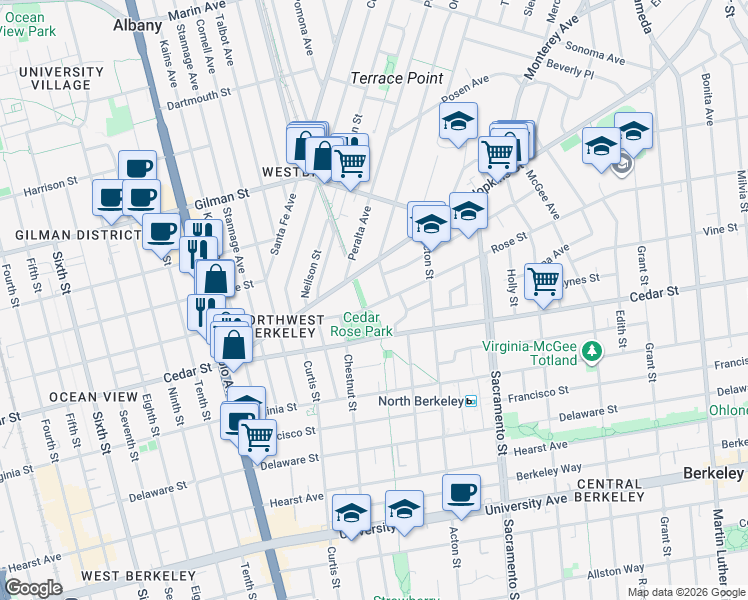 map of restaurants, bars, coffee shops, grocery stores, and more near 1450 Ordway Street in Berkeley