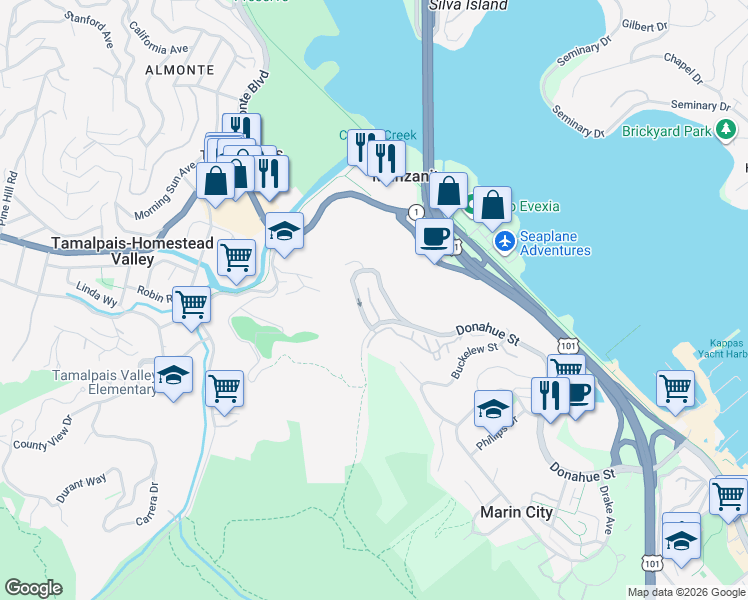 map of restaurants, bars, coffee shops, grocery stores, and more near 222 Bay Vista Circle in Sausalito