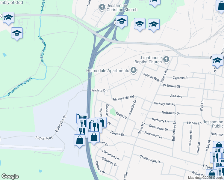 map of restaurants, bars, coffee shops, grocery stores, and more near 100-104 Wichita Drive in Nicholasville