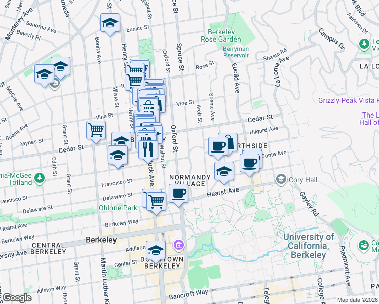 map of restaurants, bars, coffee shops, grocery stores, and more near Virginia Street & Spruce Street in Berkeley