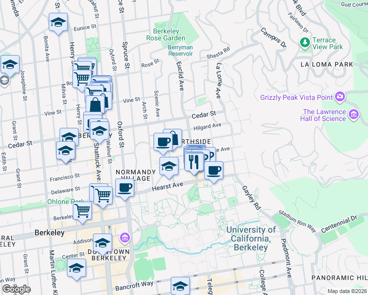 map of restaurants, bars, coffee shops, grocery stores, and more near 2435 Virginia Street in Berkeley