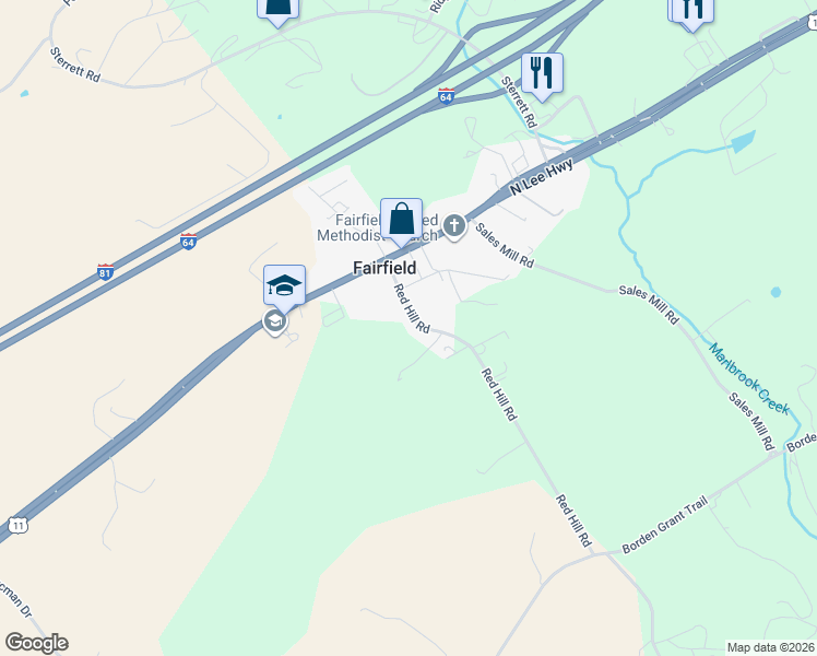 map of restaurants, bars, coffee shops, grocery stores, and more near Red Hill Road in Fairfield