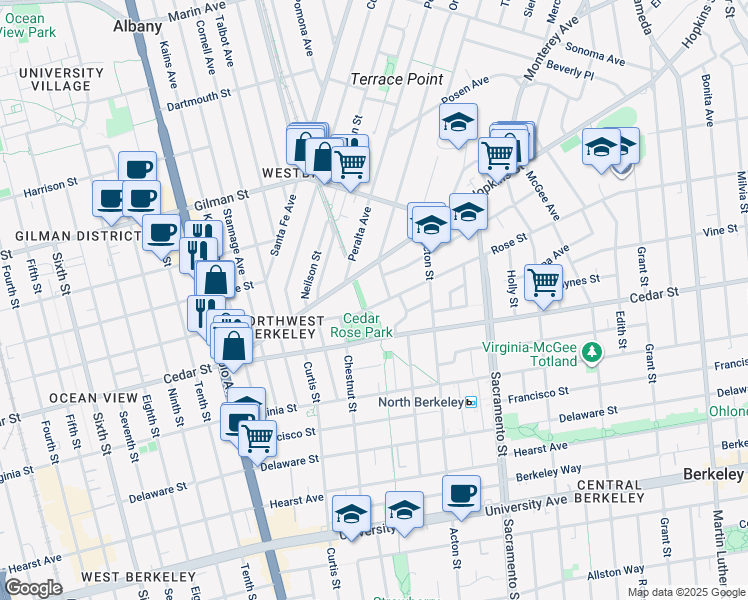 map of restaurants, bars, coffee shops, grocery stores, and more near 1450 Ordway Street in Berkeley