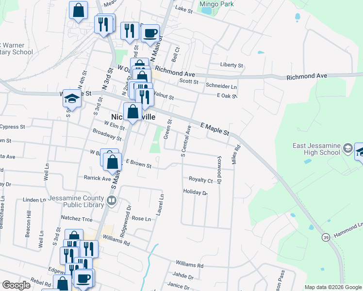 map of restaurants, bars, coffee shops, grocery stores, and more near 200 South Central Avenue in Nicholasville