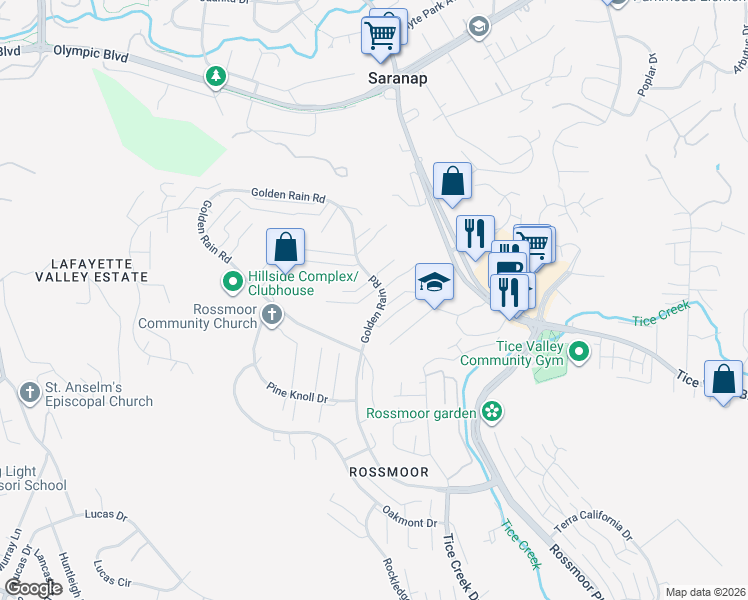 map of restaurants, bars, coffee shops, grocery stores, and more near 1901 Golden Rain Road in Walnut Creek