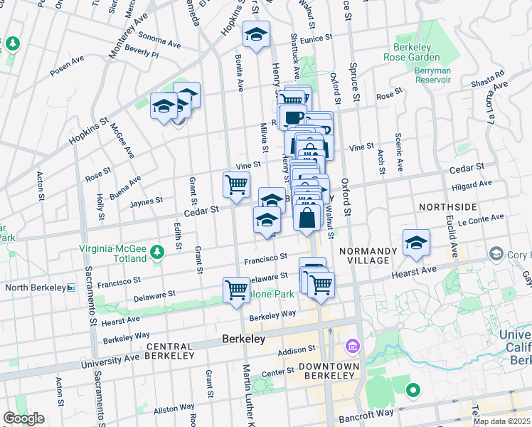 map of restaurants, bars, coffee shops, grocery stores, and more near 2004 Cedar Street in Berkeley