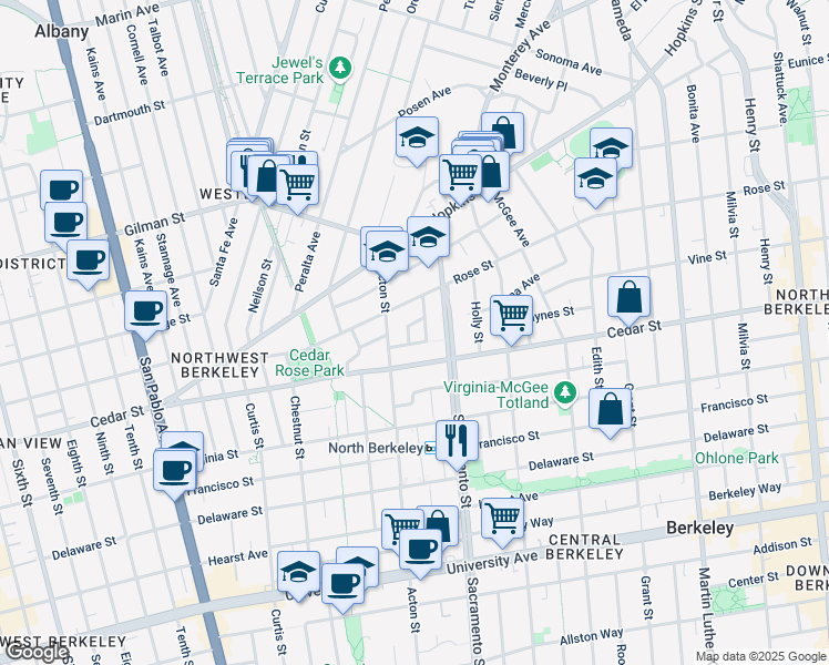 map of restaurants, bars, coffee shops, grocery stores, and more near 1461 Catherine Drive in Berkeley