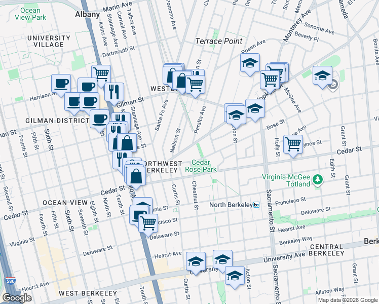 map of restaurants, bars, coffee shops, grocery stores, and more near in Berkeley