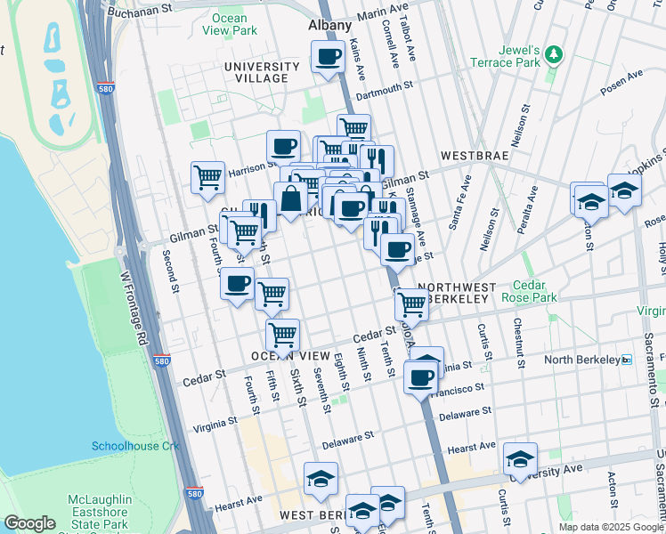 map of restaurants, bars, coffee shops, grocery stores, and more near 938 Camelia Street in Berkeley
