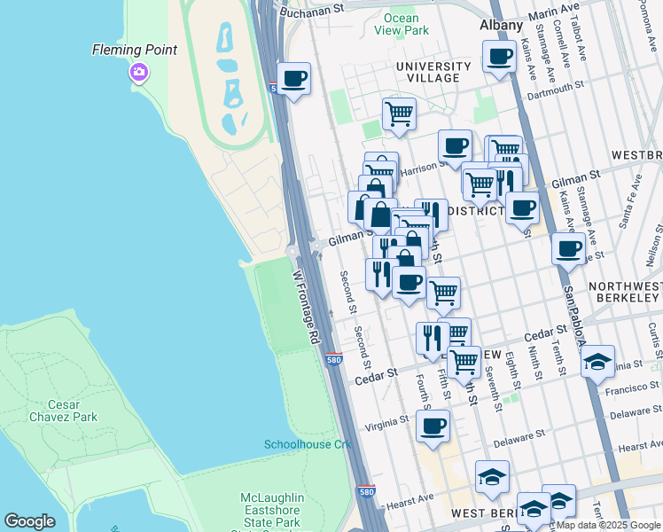 map of restaurants, bars, coffee shops, grocery stores, and more near 640 Gilman Street in Berkeley