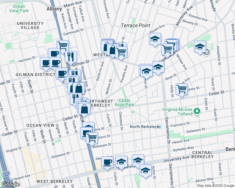 map of restaurants, bars, coffee shops, grocery stores, and more near 1260 Hopkins Street in Berkeley