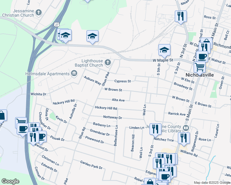 map of restaurants, bars, coffee shops, grocery stores, and more near 519 West Brown Street in Nicholasville