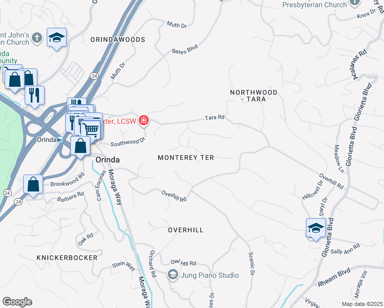 map of restaurants, bars, coffee shops, grocery stores, and more near 40 Evergreen Drive in Orinda