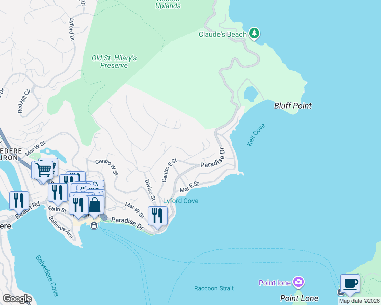 map of restaurants, bars, coffee shops, grocery stores, and more near 2299 Spanish Trail Road in Belvedere Tiburon