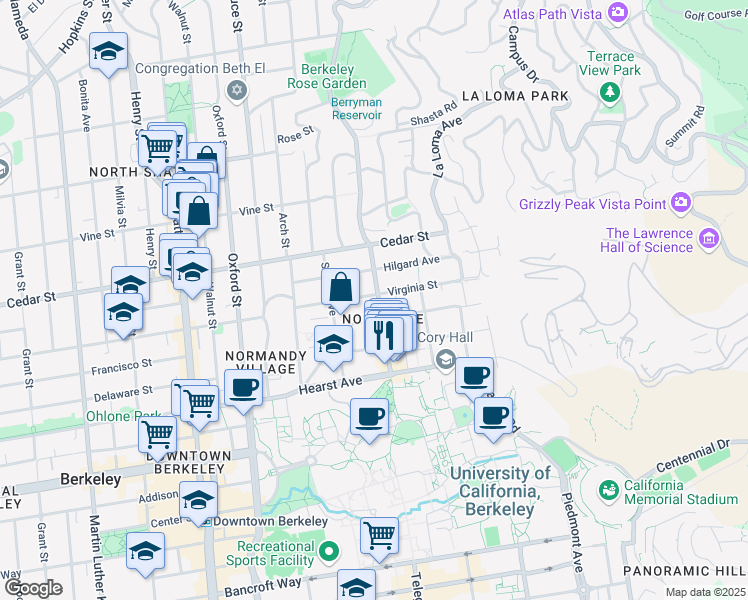 map of restaurants, bars, coffee shops, grocery stores, and more near 2505 Virginia Street in Berkeley