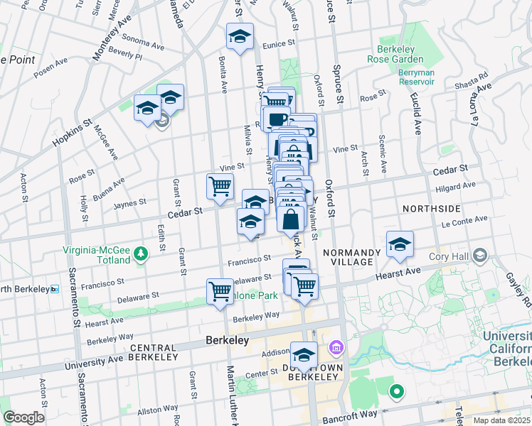 map of restaurants, bars, coffee shops, grocery stores, and more near 2004 Cedar Street in Berkeley