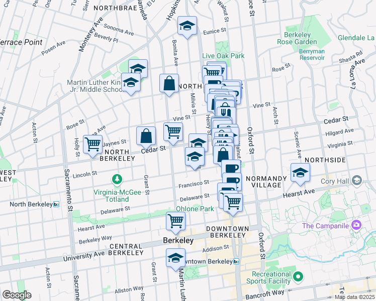 map of restaurants, bars, coffee shops, grocery stores, and more near 1930 Cedar Street in Berkeley