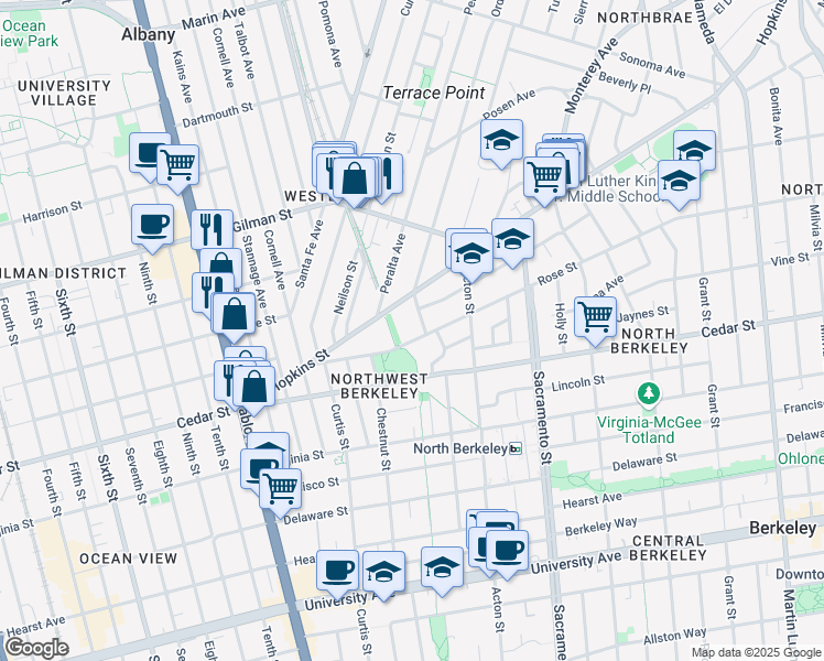 map of restaurants, bars, coffee shops, grocery stores, and more near 1450 Ordway Street in Berkeley