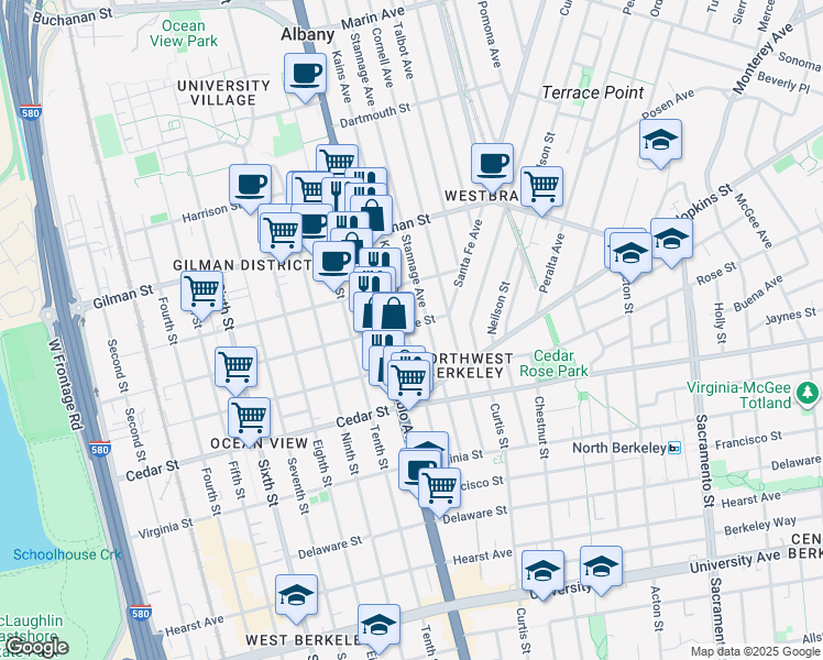 map of restaurants, bars, coffee shops, grocery stores, and more near 1151 Page Street in Berkeley