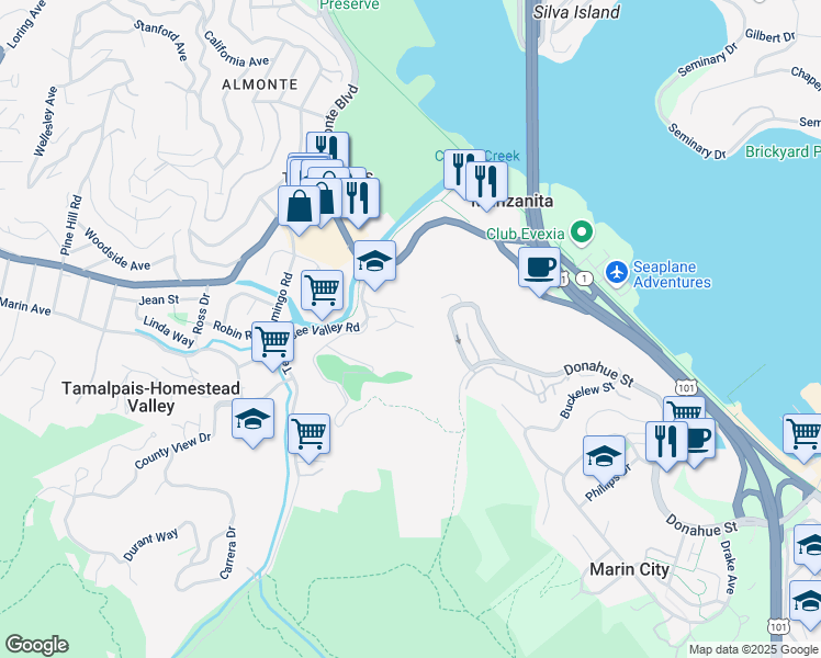 map of restaurants, bars, coffee shops, grocery stores, and more near 208 Villa Garden Drive in Mill Valley